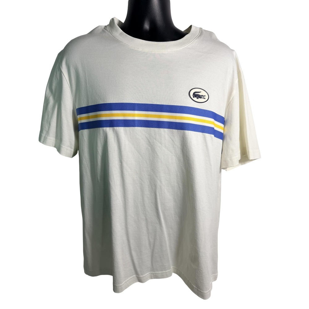 Lacoste Shirt Mens 2XL White Striped Chest Logo Regular Fit Cotton Tee Crewneck